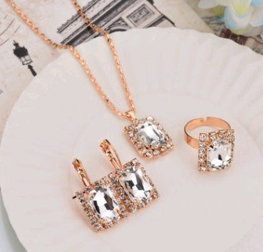 Europe And The United States Personalized Water Drop Color Diamond Necklace, Earrings, Rings Set, Shiny High-end Bridal Jewel