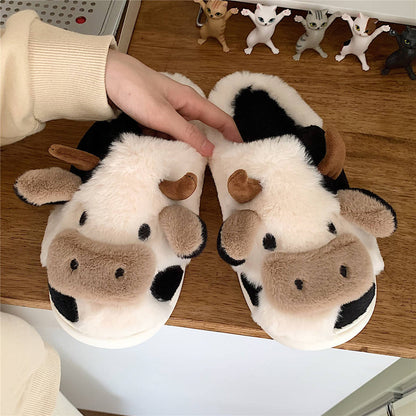 Cute Cow Animal Slipper For Women Girls Fashion Kawaii Soft Fluffy Winter Warm Slippers Woman Cartoon Milk Cow House Slippers