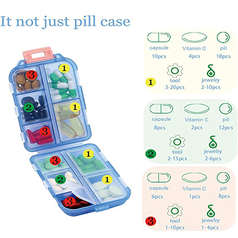 Travel Pill Organizer 10 Grid  Moisture Proof Pills Box For Pocket Purse Daily Pill Case Portable Medicine Vitamin Holder Con