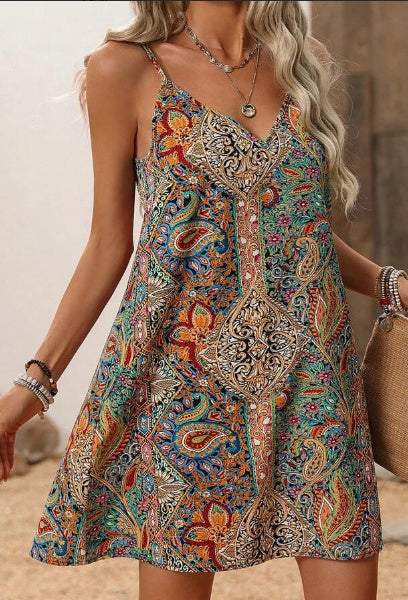 Bohemian Printed V Neck Spaghetti Strap Backless A-Line Dress, Perfect For Music Festivals 19dd0817 f988 4371 b2ee ab39c1b9db
