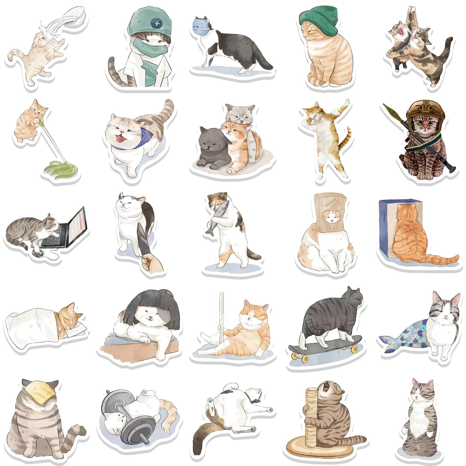 53 Cartoon Watercolor Cute Cat Computer Luggage Guitar Mobile Phone Stickers - HD Wireless Product #3