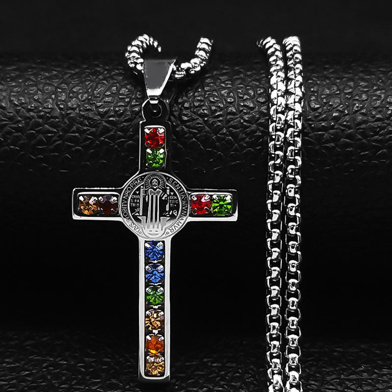 St Benedict Crystal St Pendant Cross Stainless Steel Necklace 1d109f19 fdb9 44b4 aa50 d7b89e0795bf