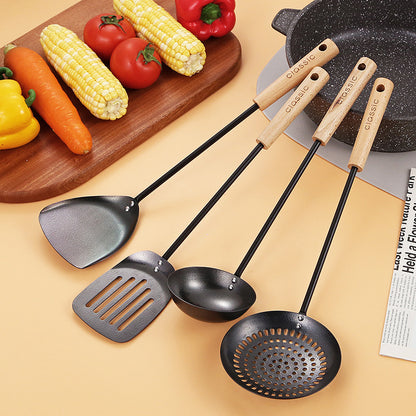 Black Pig Iron Spatula And Soup Spoon Household Non-stick Pan Long Handle Cooking Chef Shovel Colander Beech Handle Classical