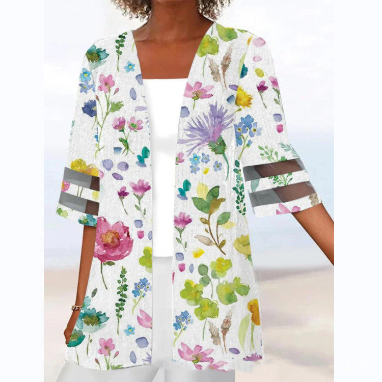 Floral Print Mid Length Sleeves Loose Small Coat 1de6b9ac eac9 43bb 8a8b 99b711714a81