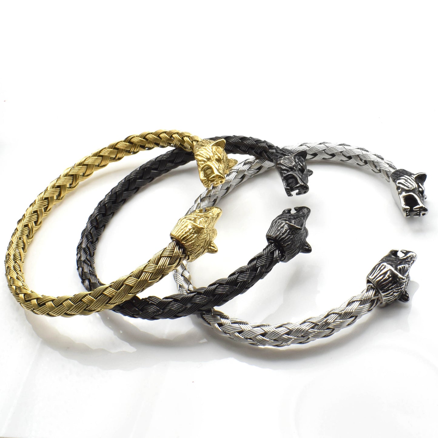 Stainless Steel Viking Wolf Head Opening Braided Bracelet 1e8848d5 8757 4146 bf9f cbef2e260473