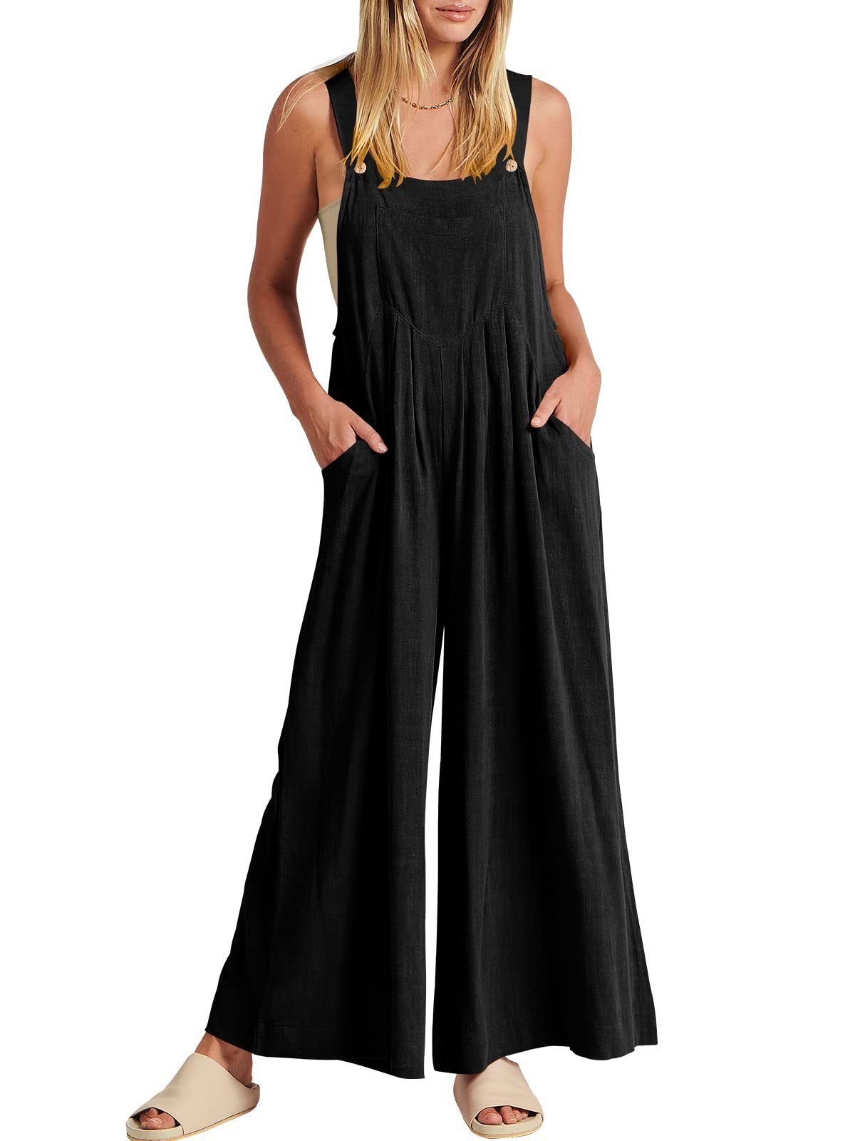Women's Solid Color Loose Casual Cotton And Linen Suspender Jumpsuit 1eb8a971 8417 478c 9d1d d7d6da030484