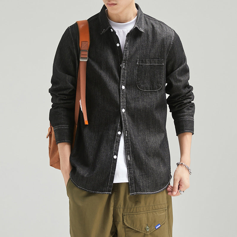 Men's Long Sleeve Solid Color Casual Thin Lapels Denim Shirt 1f26494b e4cd 4ca5 8230 ce4696623764