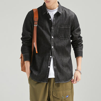 Men's Long Sleeve Solid Color Casual Thin Lapels Denim Shirt 1f26494b e4cd 4ca5 8230 ce4696623764