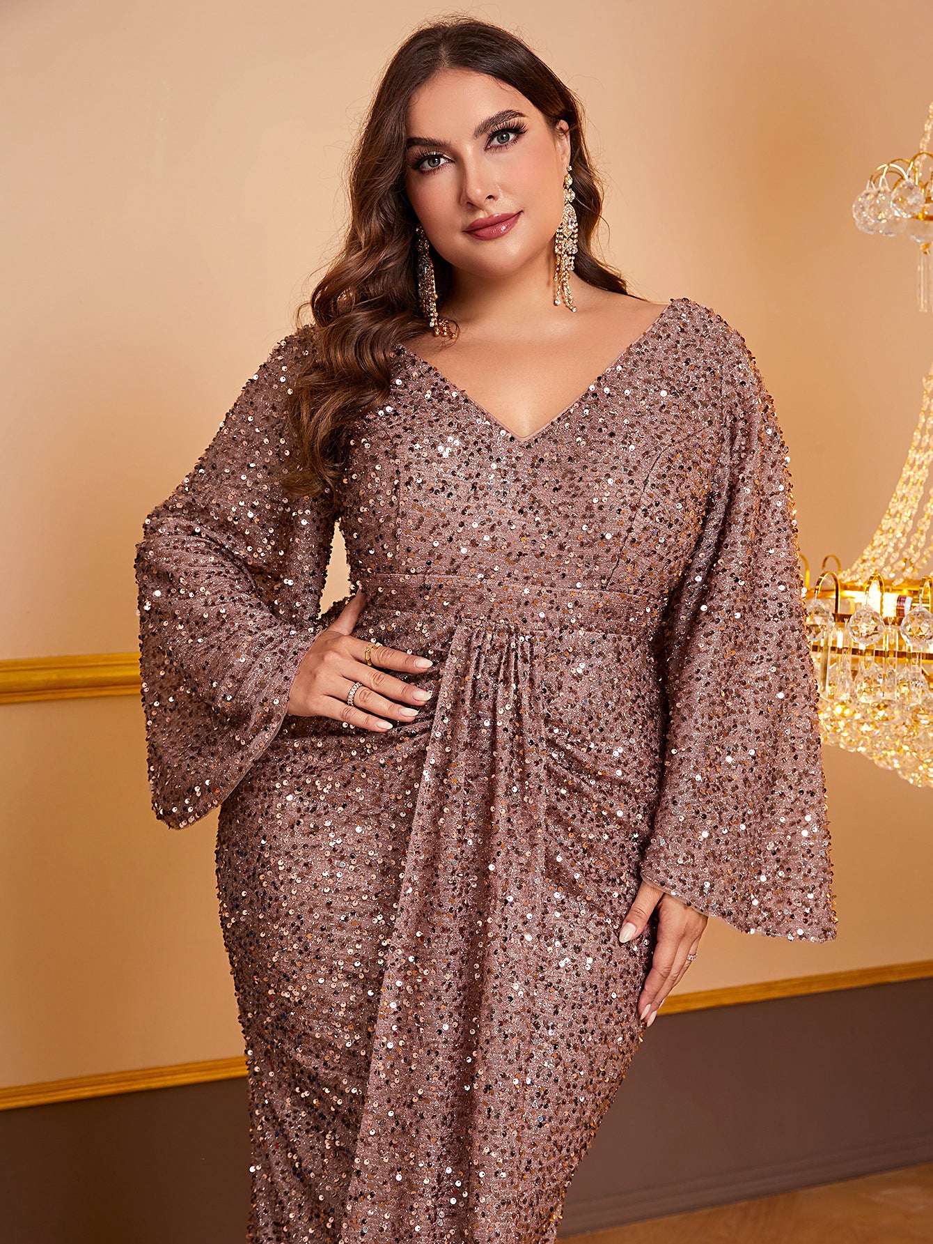 Women's Sequin Long Sleeved V-neck Pleated Dress 1f33b36d 0f43 4901 8e2c 2eca228e9425