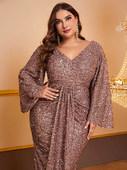 Women's Sequin Long Sleeved V-neck Pleated Dress 1f33b36d 0f43 4901 8e2c 2eca228e9425