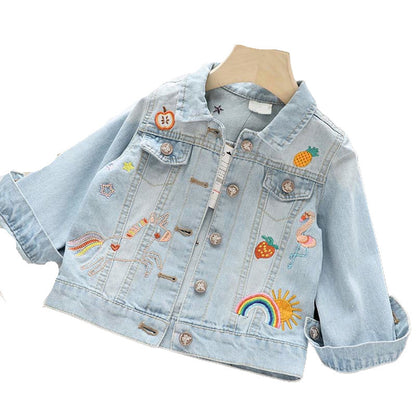 Children's Graffiti Embroidered Lapel Short Denim Jacket 1fced8be d5a0 43fe 9bfd f645591eef31