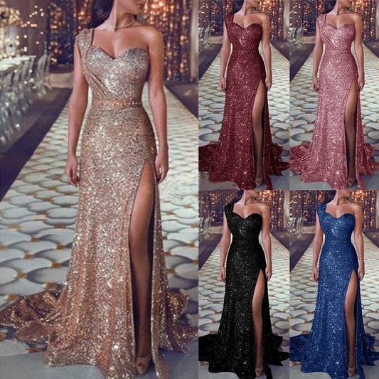 Women's Clothing One-shoulder Sleeveless Bronzing Split Dress 200e797a 3102 42bf 90a7 de6fde7b0636