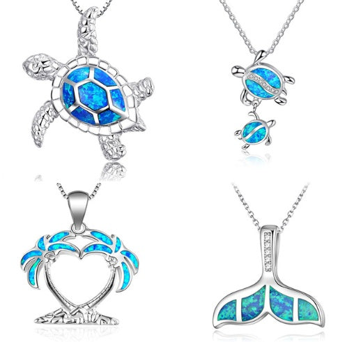 Fashion silver filled blue opal sea turtle pendant necklace for women female Animal wedding ocean beach jewelry gift 20248388