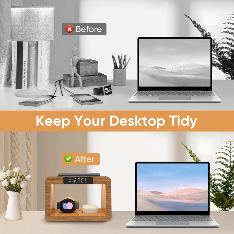 Multifunctional Bamboo Table Lamp Alarm Clock Wireless Charger - 图片 3