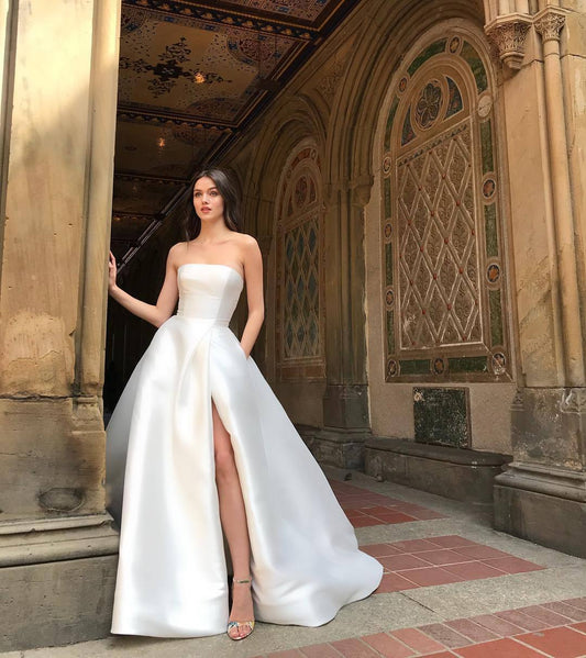Bandeau high waist split temperament white dress 2080786204421
