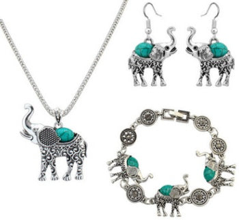 European and American retro turquoise elephant carved three-piece suit jewelry 20897257530414