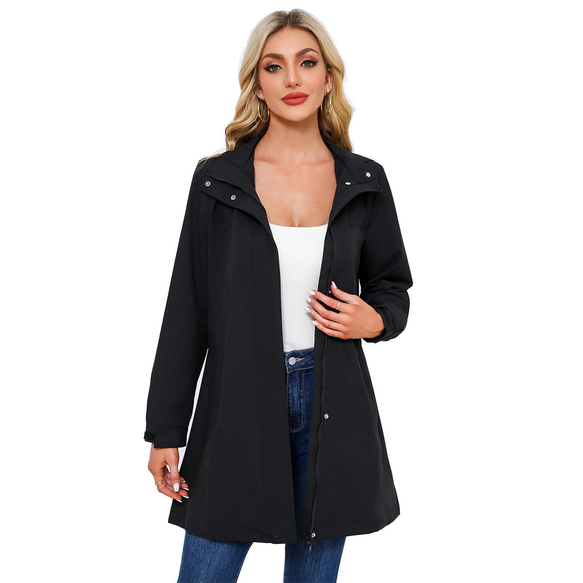 Removable Cap Waterproof Windbreaker Women's Solid Color 20c7ec8d d6ef 4119 b996 6a13c7194222