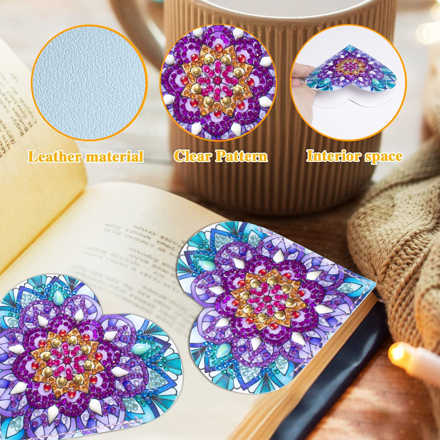 PU Leather Handmade Stick-on Crystals Flower Cornerite Bookmark