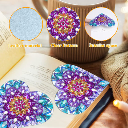 PU Leather Handmade Stick-on Crystals Flower Cornerite Bookmark