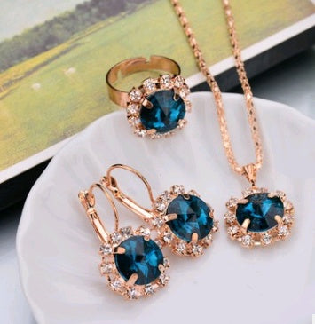 Europe And The United States Personalized Water Drop Color Diamond Necklace, Earrings, Rings Set, Shiny High-end Bridal Jewel