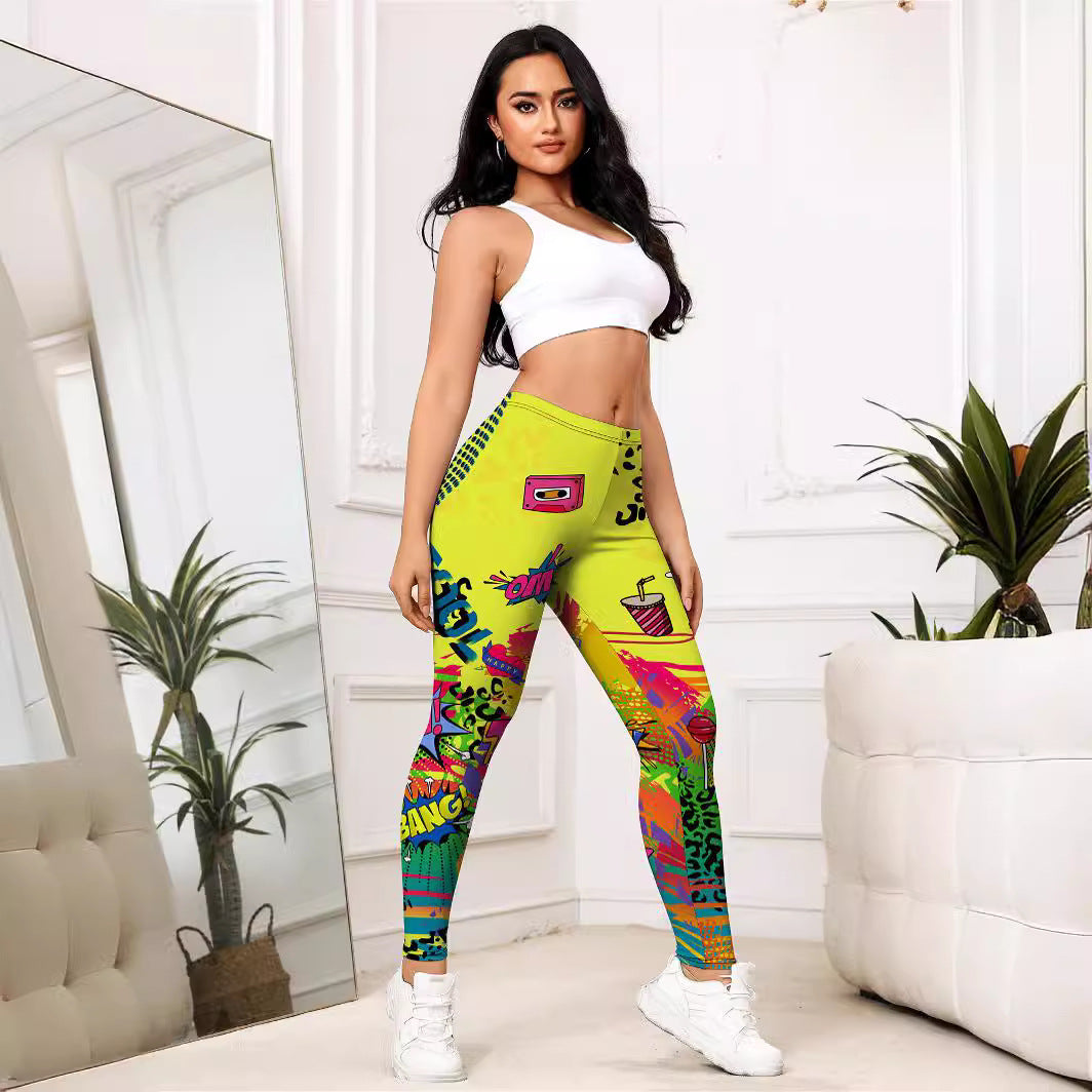 Yellow Cartoon Printed Sports Slim-fitting Leggings 211664c8 51a2 4995 b1d6 8b370127e48e