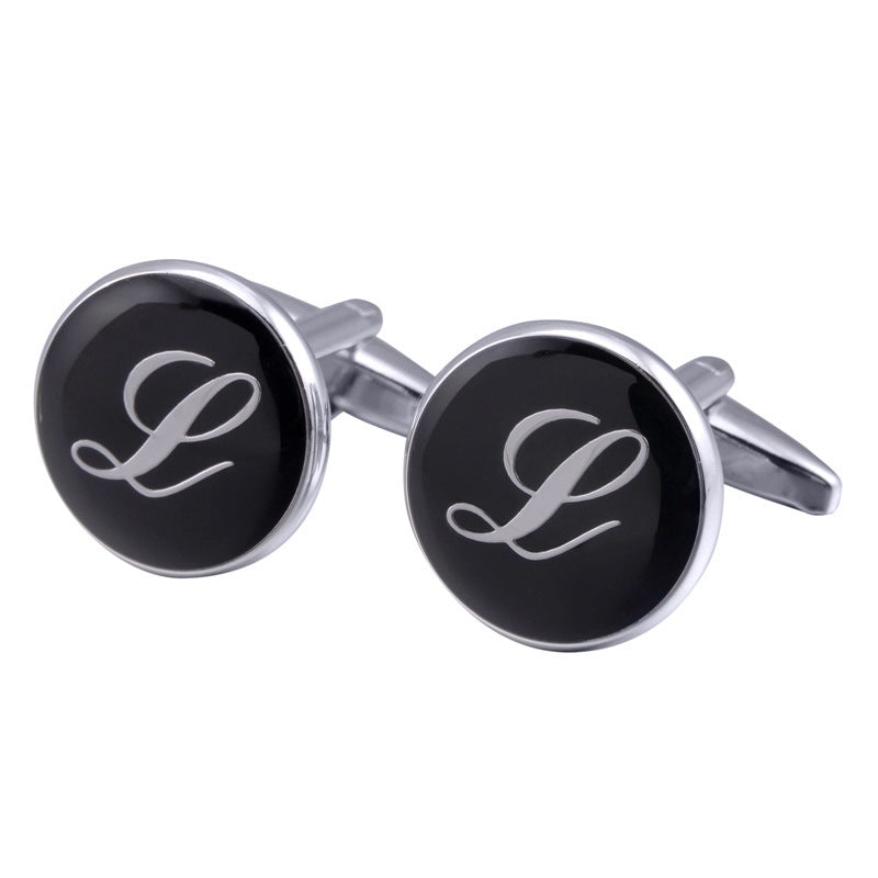 French Cufflinks black round Enamel Traditional letter Cufflinks 2120610132064
