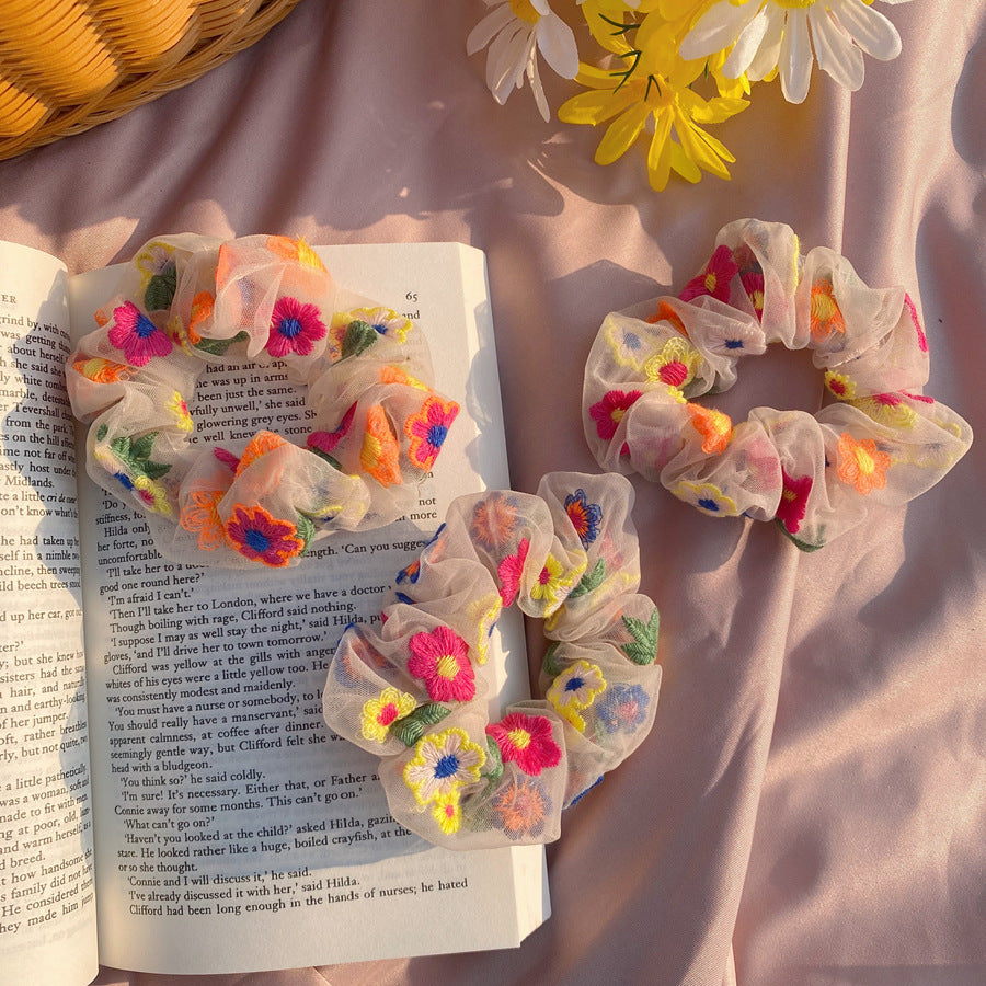 Embroidered flower mesh hair tie 2158792362324