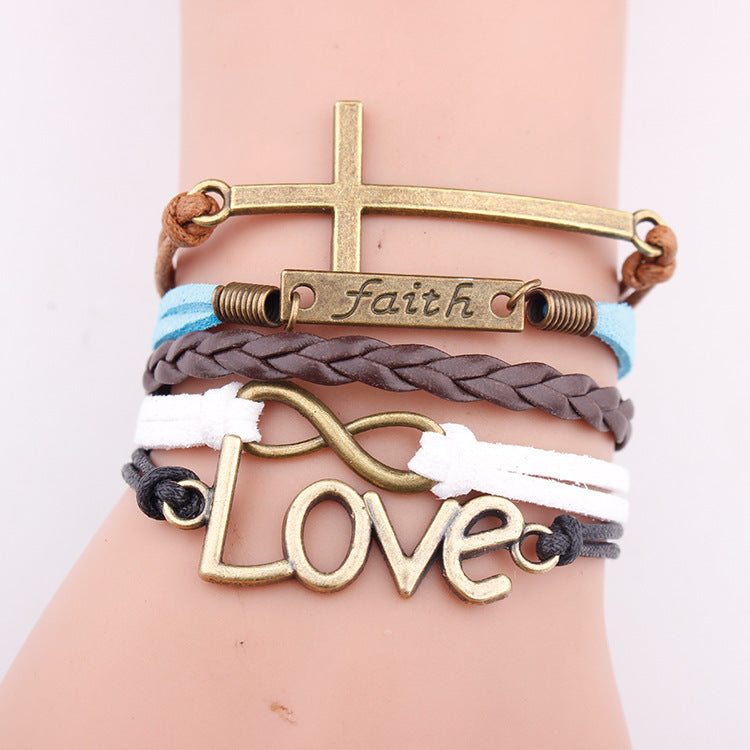 European and American bracelets love pendant fashion faith letter jewelry multi-layer woven leather rope bracelet bracelet 21