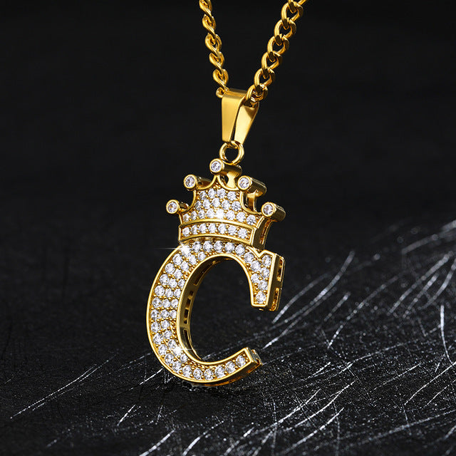 Crown Pendant Stainless Steel Letter Necklace 2164184380016