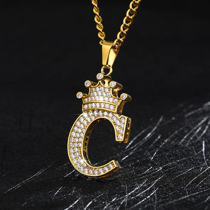 Crown Pendant Stainless Steel Letter Necklace 2164184380016