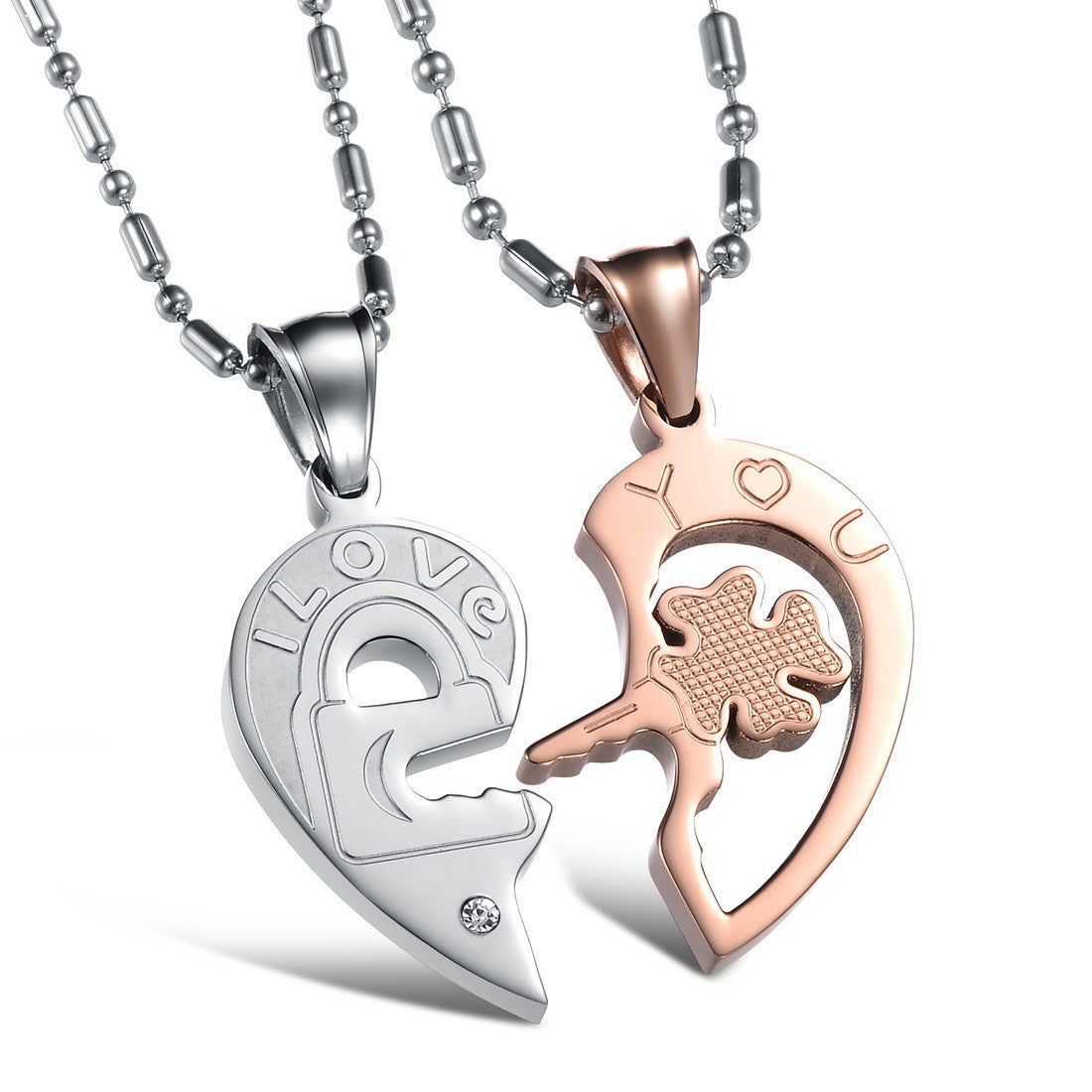 Titanium steel rhinestones key puzzles couple necklace 217616519595