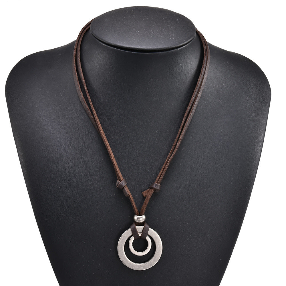 Double circle hollow leather cord necklace 2187400846976
