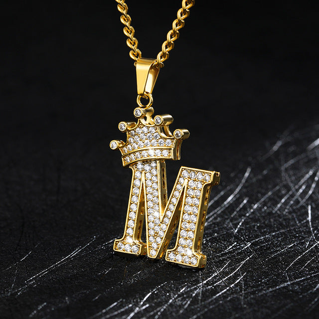 Crown Pendant Stainless Steel Letter Necklace 2242738590849