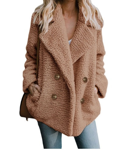 Autumn and Winter Women's Plush Button Lapels Pocket Coat Shirt 2246397523136