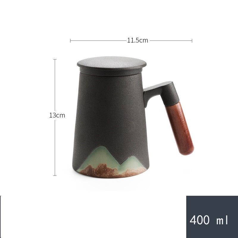 Factory Creative Yuanshan Hand-painted Mug Wooden Handle Ceramic Tea Cup With Lid Filter Three-piece Office Home 224e7c7f 1a9