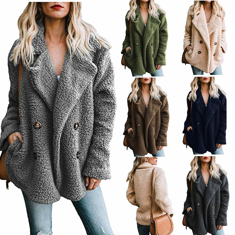 Autumn and Winter Women's Plush Button Lapels Pocket Coat Shirt 2286957051621