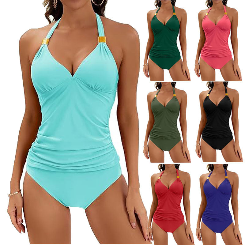 Women's Pure Color Halter Split Tie Two Piece Swimsuit 22c954bf 058c 4108 a79e d83807c696a8