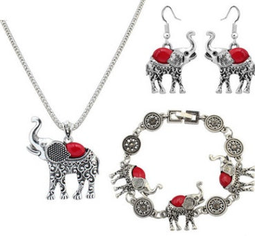 European and American retro turquoise elephant carved three-piece suit jewelry 2303357993864