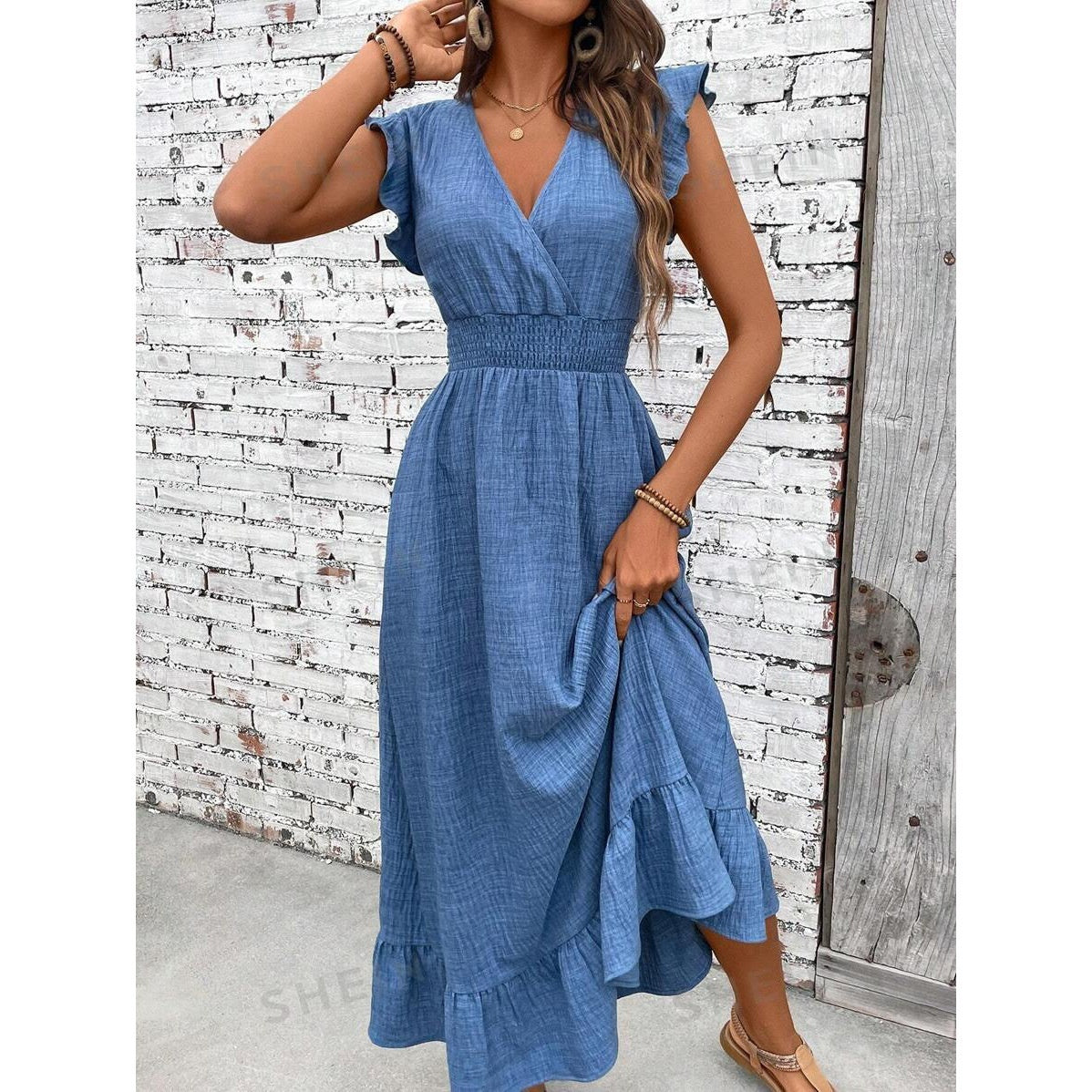 V-neck Ruffled Sleeve Solid Color Dress Leisure Vacation A- Line Skirt 23ebc487 3867 45ff 921d 153d125ac118
