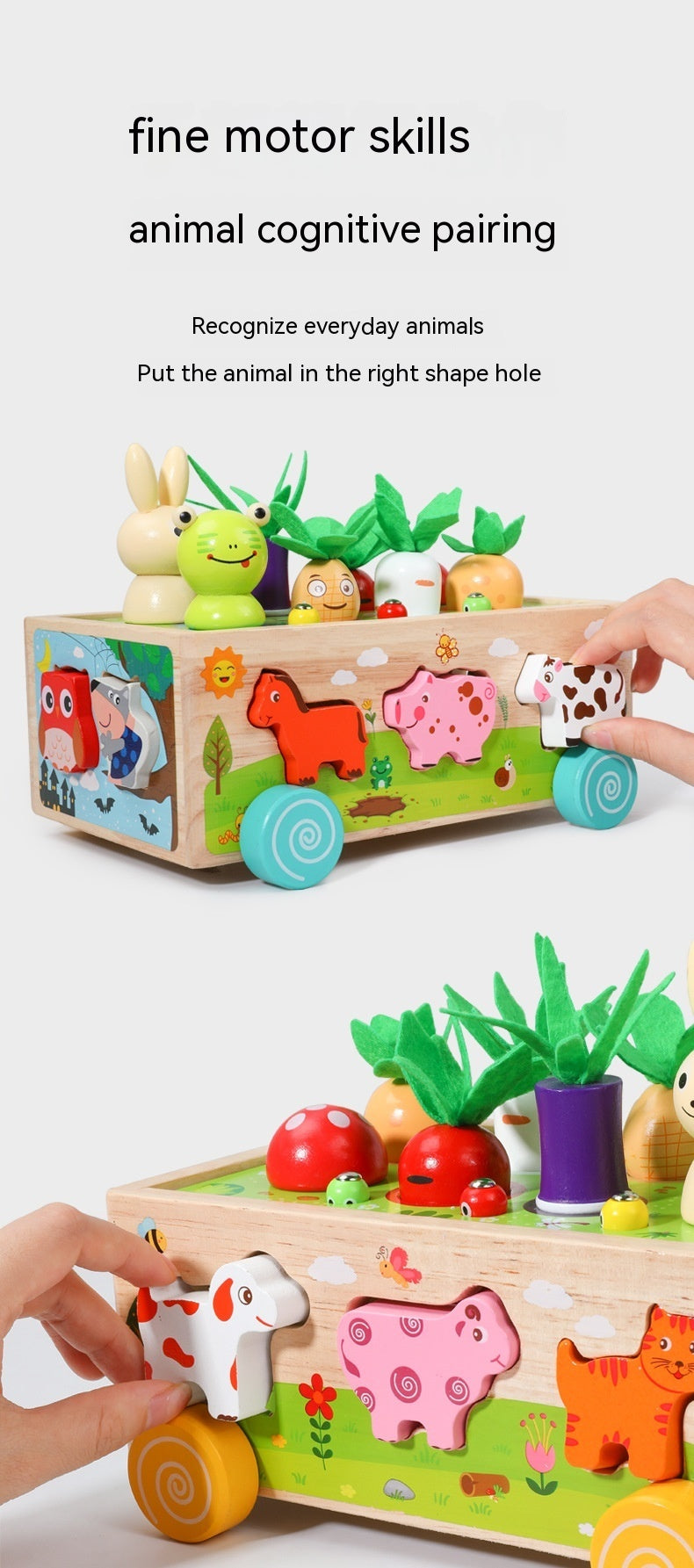 Wooden Farm Animal Car Pulling Radishes Bug Catching Educational Toy 2403050911130327300