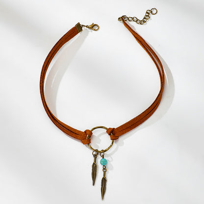 Vintage Alloy Feather Leather Choker Necklace 2418155079357
