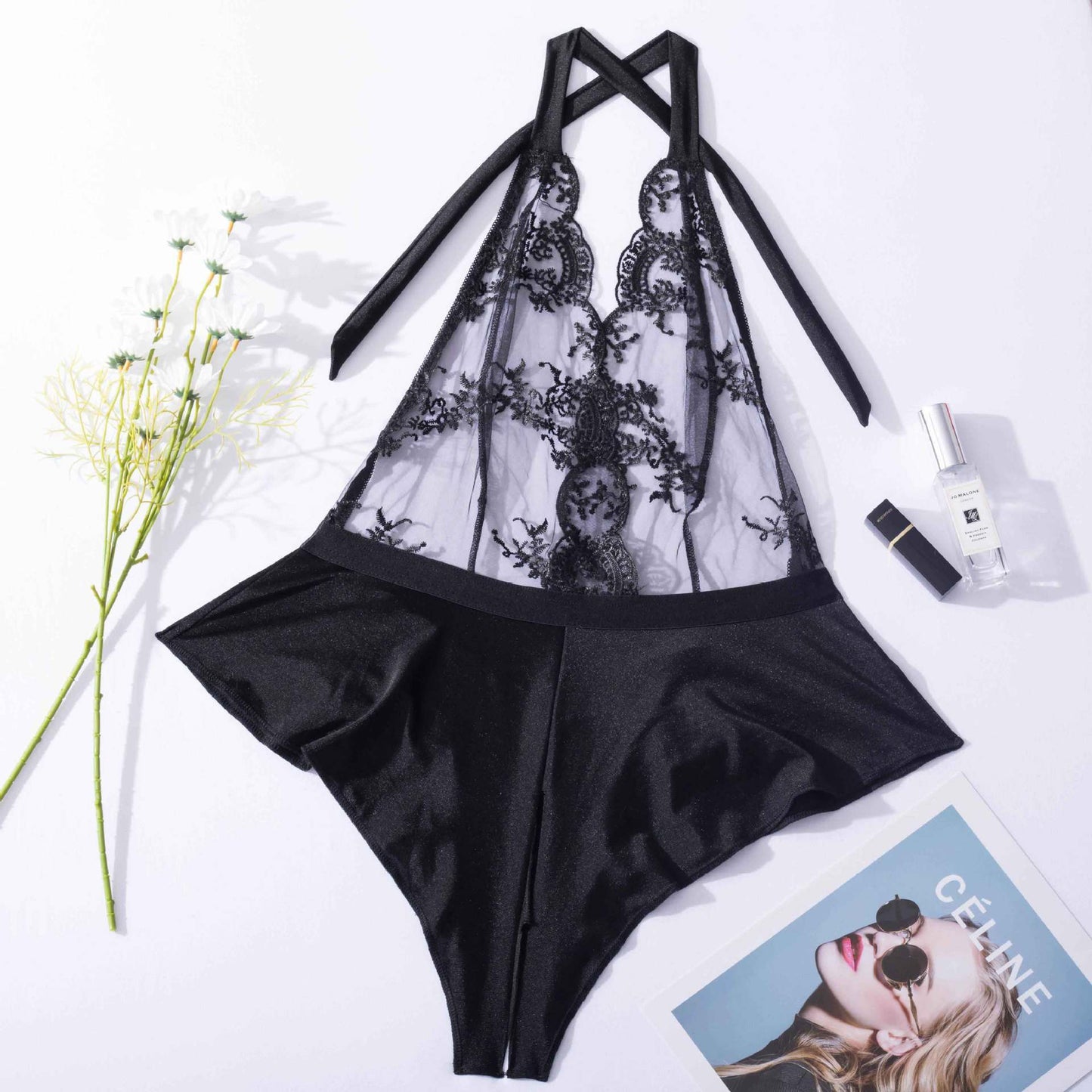 Embroidered One Piece Suit White Lace Leaky Back Mesh 2418c652 3ce5 4cd5 a59e b6f267837f6e