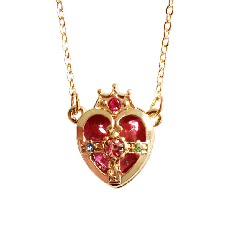 Metal Peach Heart Gem Crown Necklace 2439821728518