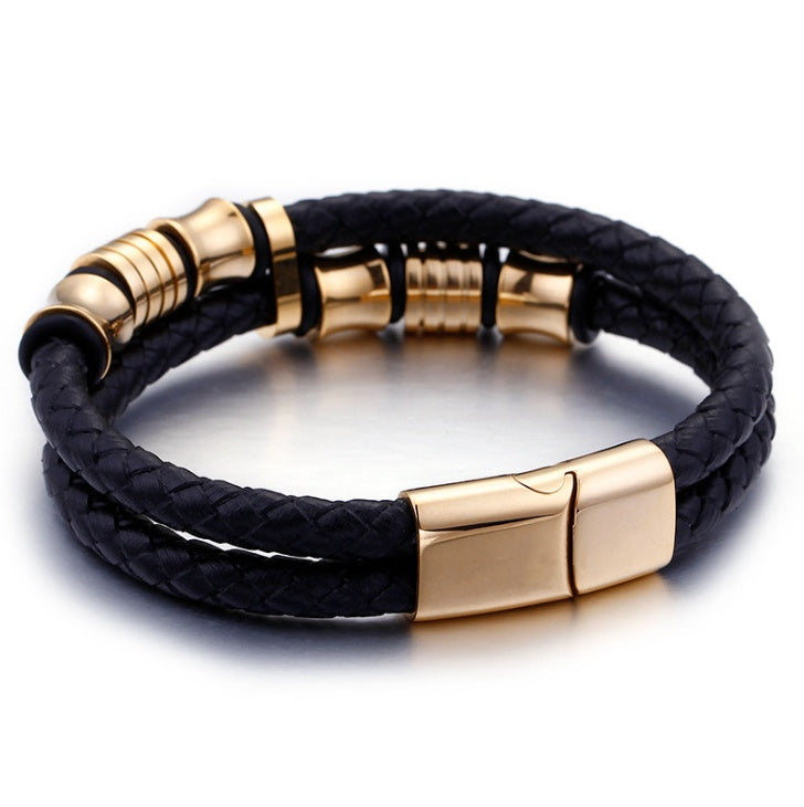 Gold Color Stainless Steel Leather Bracelet Men Black Mens Leather Wrap Bracelets Jewelry Wristband With Magnet Clasp 2484108