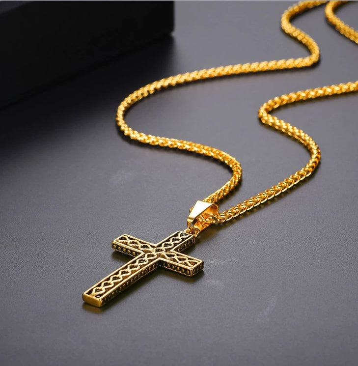 316L stainless steel gold plated christianity jewelry unique black mens vintage cross necklace with chain - HD Wireless Product #4