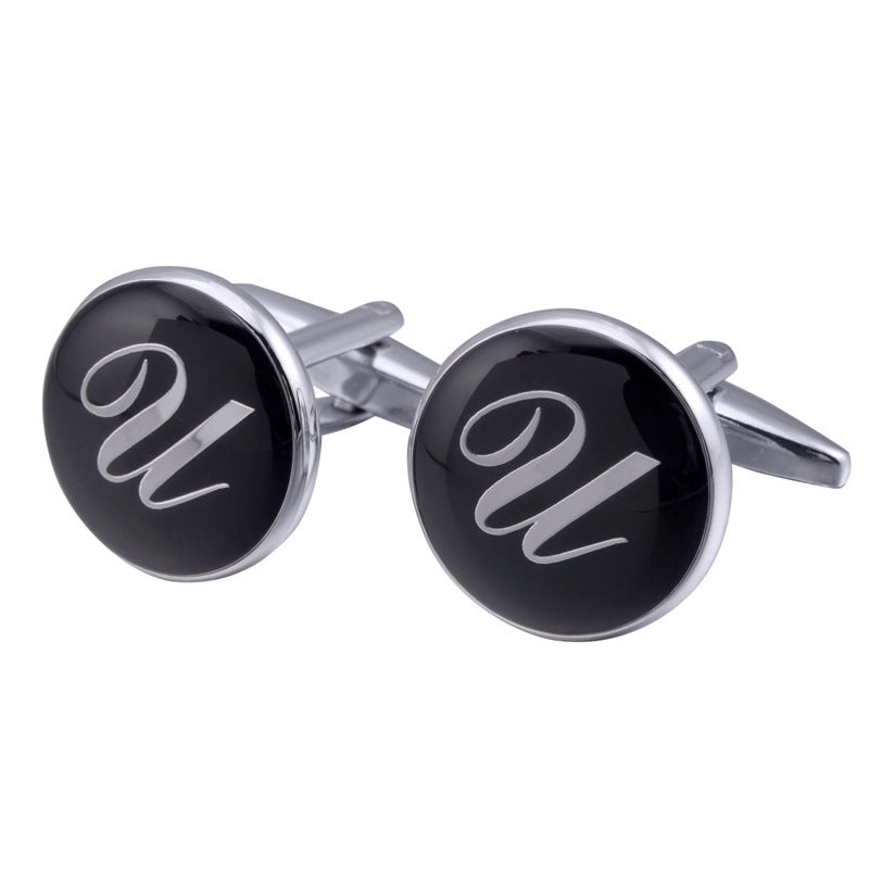 French Cufflinks black round Enamel Traditional letter Cufflinks 2530192641086
