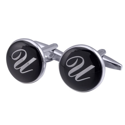 French Cufflinks black round Enamel Traditional letter Cufflinks 2530192641086
