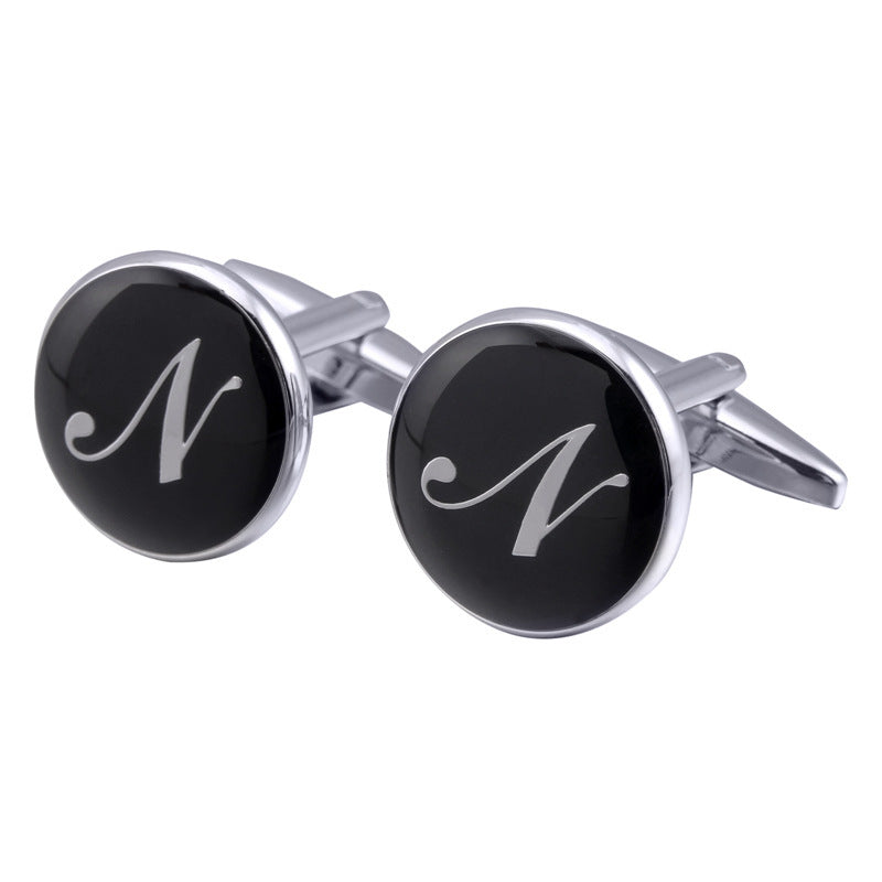 French Cufflinks black round Enamel Traditional letter Cufflinks 2533255411948