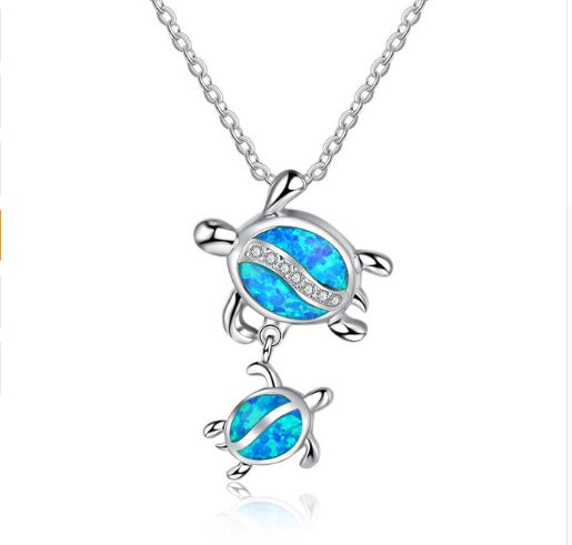 Fashion silver filled blue opal sea turtle pendant necklace for women female Animal wedding ocean beach jewelry gift 25352437