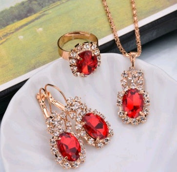 Europe And The United States Personalized Water Drop Color Diamond Necklace, Earrings, Rings Set, Shiny High-end Bridal Jewel